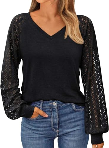 NAIOSS Damen Bluse Elegant Langarmshirt V-Ausschnitt Shirts Spitzenärmel Oberteile Herbst Tshirt Casual Blusen Tunika Tops(Schwarz/XL) von NAIOSS