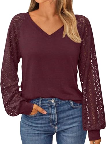 NAIOSS Damen Bluse Elegant Langarmshirt V-Ausschnitt Shirts Spitzenärmel Oberteile Herbst Tshirt Casual Blusen Tunika Tops(Weinrot/XL) von NAIOSS
