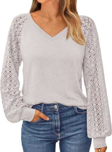 NAIOSS Damen Bluse Elegant Langarmshirt V-Ausschnitt Shirts Spitzenärmel Oberteile Herbst Tshirt Casual Blusen Tunika Tops(cremegrau/XXL) von NAIOSS