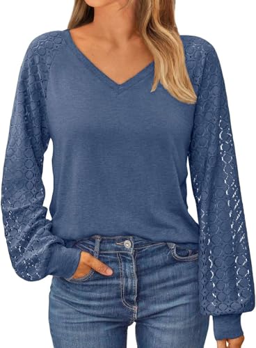 NAIOSS Damen Bluse Elegant Langarmshirt V-Ausschnitt Shirts Spitzenärmel Oberteile Herbst Tshirt Casual Blusen Tunika Tops(graublau/XL) von NAIOSS