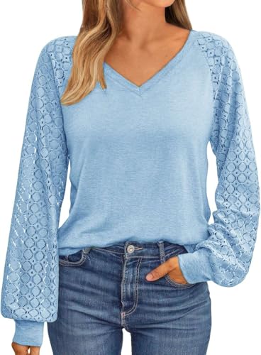 NAIOSS Damen Bluse Elegant Langarmshirt V-Ausschnitt Shirts Spitzenärmel Oberteile Herbst Tshirt Casual Blusen Tunika Tops(hellblau/XXL) von NAIOSS