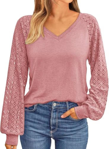 NAIOSS Damen Bluse Elegant Langarmshirt V-Ausschnitt Shirts Spitzenärmel Oberteile Herbst Tshirt Casual Blusen Tunika Tops(rosa/XL) von NAIOSS