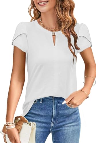 NAIOSS Damen Bluse Kurzarm Elegant Oberteile Sommer Tshirt V-Ausschnitt Puffärmel Shirts Casual Tops(weiß/M) von NAIOSS