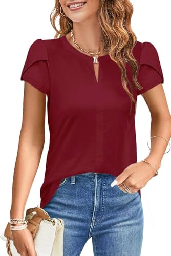 NAIOSS Damen Bluse Kurzarm Elegant Oberteile Sommer Tshirt V-Ausschnitt Puffärmel Shirts Casual Tops(weinrot/L) von NAIOSS