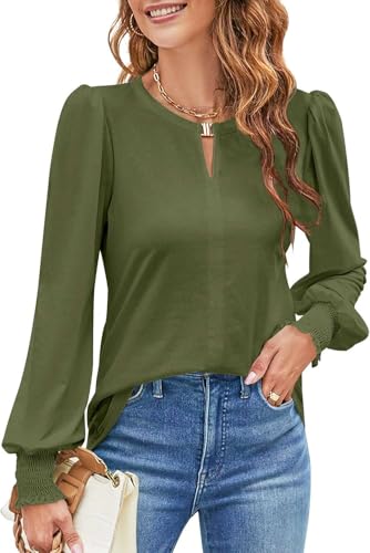 NAIOSS Damen Bluse Langarm Elegant Oberteile Herbst Langarmshirt V-Ausschnitt Puffärmel Shirts Casual Tops(Armee grün/XL) von NAIOSS