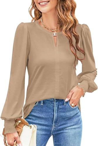 NAIOSS Damen Bluse Langarm Elegant Oberteile Herbst Langarmshirt V-Ausschnitt Puffärmel Shirts Casual Tops(Braun/M) von NAIOSS