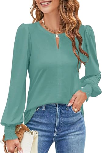 NAIOSS Damen Bluse Langarm Elegant Oberteile Herbst Langarmshirt V-Ausschnitt Puffärmel Shirts Casual Tops(Grün/XL) von NAIOSS