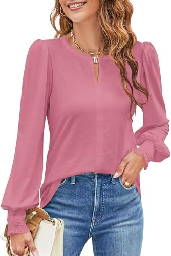 NAIOSS Damen Bluse Langarm Elegant Oberteile Herbst Langarmshirt V-Ausschnitt Puffärmel Shirts Casual Tops(Rosa/XXL) von NAIOSS