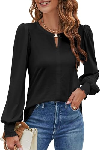 NAIOSS Damen Bluse Langarm Elegant Oberteile Herbst Langarmshirt V-Ausschnitt Puffärmel Shirts Casual Tops(Schwarz/S) von NAIOSS