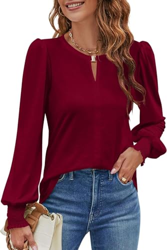 NAIOSS Damen Bluse Langarm Elegant Oberteile Herbst Langarmshirt V-Ausschnitt Puffärmel Shirts Casual Tops(Weinrot/XL) von NAIOSS