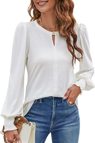 NAIOSS Damen Bluse Langarm Elegant Oberteile Herbst Langarmshirt V-Ausschnitt Puffärmel Shirts Casual Tops(Weiß/XL) von NAIOSS