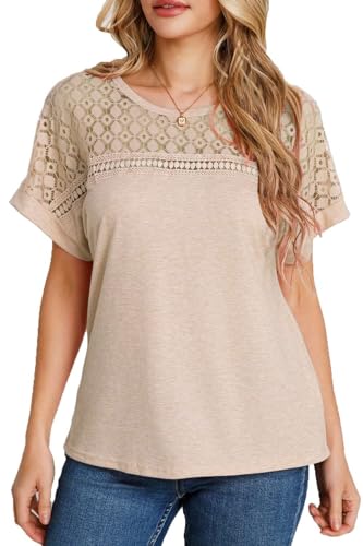 NAIOSS Damen Bluse Sommer Elegant V-Ausschnitt Shirts Spitzen Oberteile Kurzarm Tshirt Casual Blusen Tunika Tops(Beige/XXL) von NAIOSS