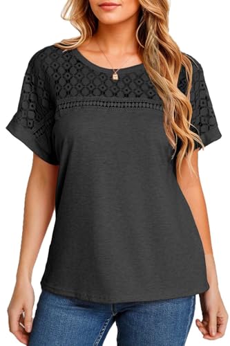 NAIOSS Damen Bluse Sommer Elegant V-Ausschnitt Shirts Spitzen Oberteile Kurzarm Tshirt Casual Blusen Tunika Tops(Schwarz/L) von NAIOSS