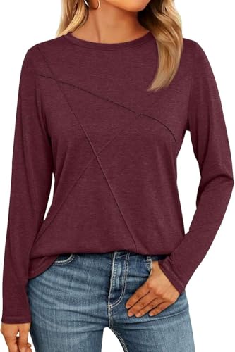 NAIOSS Damen Oberteile Elegant Langarmshirt Herbst Tshirt Baumwolle Casual Shirts Tunika Tops(Weinrot/M) von NAIOSS