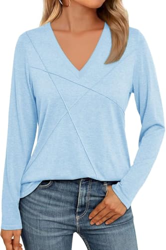 NAIOSS Damen Oberteile Elegant V-Ausschnitt Langarmshirt Herbst Tshirt Baumwolle Casual Shirts Tunika Tops(Hellblau/M) von NAIOSS