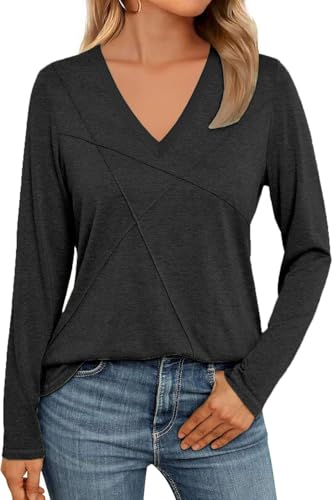 NAIOSS Damen Oberteile Elegant V-Ausschnitt Langarmshirt Herbst Tshirt Baumwolle Casual Shirts Tunika Tops(Schwarz/XXL) von NAIOSS