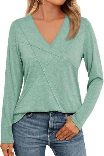 NAIOSS Damen Oberteile Elegant V-Ausschnitt Langarmshirt Herbst Tshirt Baumwolle Casual Shirts Tunika Tops(graugrün/M) von NAIOSS