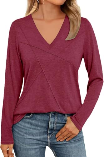 NAIOSS Damen Oberteile Elegant V-Ausschnitt Langarmshirt Herbst Tshirt Baumwolle Casual Shirts Tunika Tops(weinrot/XXL) von NAIOSS