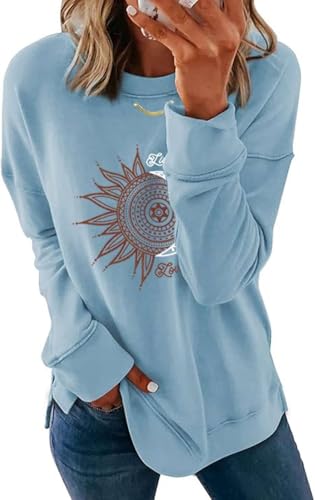 NAIOSS Damen Pullover Drucken Sweatshirt Langarm Oberteile Herbst Winter Shirt Bedrucken Rundhals Pulli Locker Casual Sport Streetwear Tops(HellBlau/XXL) von NAIOSS