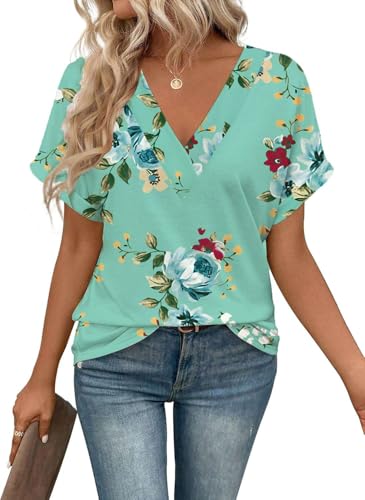 NAIOSS Damen Tshirt Sommer Oberteile Elegant Blusen Kurzarm Baumwolle Casual Shirts Tunika Tops(hellgrün/L) von NAIOSS