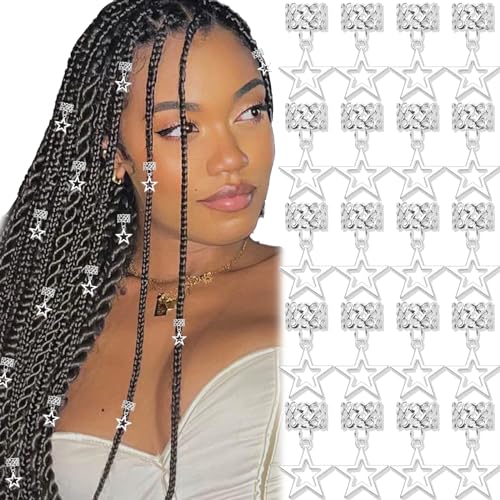 NAISKA 20 silberfarbene Stern-Zopf-Clips, Haarschmuck für Zöpfe, Dreadlock-Zubehör, Stern-Haarspangen, Haarschmuck, Haarschmuck für Frauen und Mädchen von NAISKA