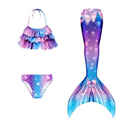 NAITOKE 3 TLG Mädchen Meerjungfrau Bikini Set,Halfter Tops Shorts Mermaid Tails zum Schwimmen,Cosplay Prinzessin Badeanzug,ohne Monoflosse,MERYV,130 von NAITOKE