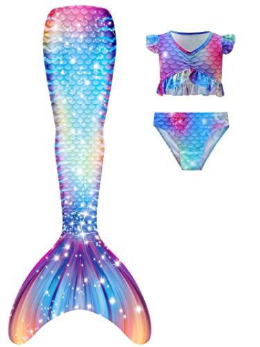 NAITOKE Meerjungfrauenschwanz mit Bikini für Mädchen,3pc，ohne Monoflosse,PQPPI,130 von NAITOKE