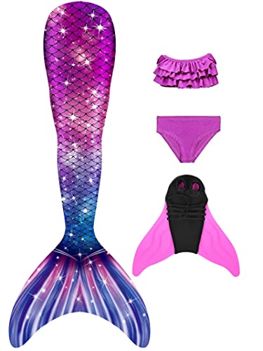 NAITOKE meerjungfrauenflosse mädchen Badeanzug - Meerjungfrau Flosse Bademode mit Bikini Set und Monoflosse Mermaid Tail, 4 Stück Set, AQ1W,150 von NAITOKE