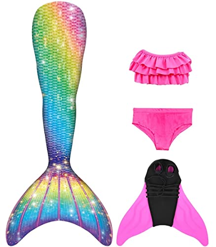 NAITOKE meerjungfrauenflosse mädchen Badeanzug - Meerjungfrau Flosse Bademode mit Bikini Set und Monoflosse Mermaid Tail, 4 Stück Set, XQSAL,130 von NAITOKE