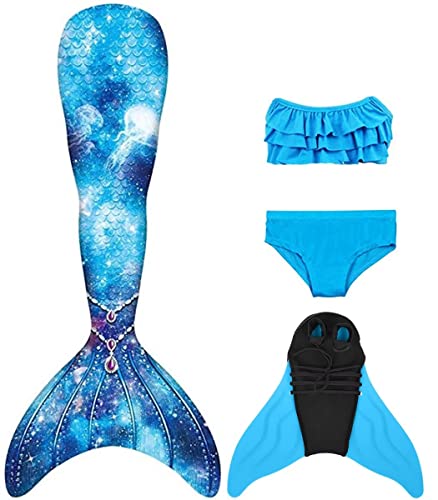 NAITOKE meerjungfrauenflosse mädchen Badeanzug - Meerjungfrau Flosse Bademode mit Bikini Set und Monoflosse Mermaid Tail, 4 Stück Set, XQSAO,120 von NAITOKE