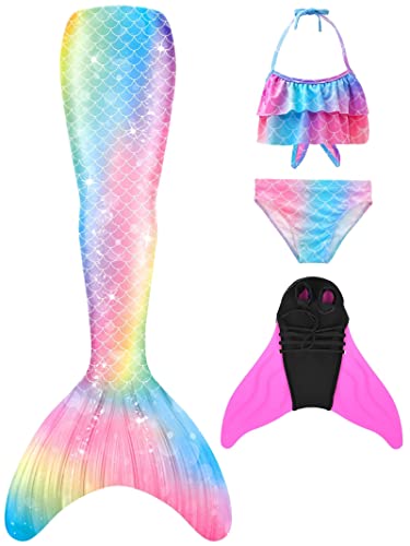 NAITOKE meerjungfrauenflosse mädchen Badeanzug - Meerjungfrau Flosse Bademode mit Bikini Set und Monoflosse Mermaid Tail, 4 Stück Set, XQSAP,120 von NAITOKE