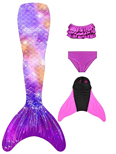 NAITOKE meerjungfrauenflosse mädchen Badeanzug - Meerjungfrau Flosse Bademode mit Bikini Set und Monoflosse Mermaid Tail, 4 Stück Set, XQSAS,120 von NAITOKE