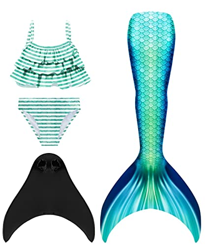 NAITOKE meerjungfrauenflosse mädchen Badeanzug - Meerjungfrau Flosse Bademode mit Bikini Set und Monoflosse Mermaid Tail, 4 Stück Set,DGJDN,120 von NAITOKE