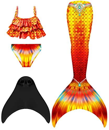 NAITOKE meerjungfrauenflosse mädchen Badeanzug - Meerjungfrau Flosse Bademode mit Bikini Set und Monoflosse Mermaid Tail, 4 Stück Set,DGJDZ,130 von NAITOKE