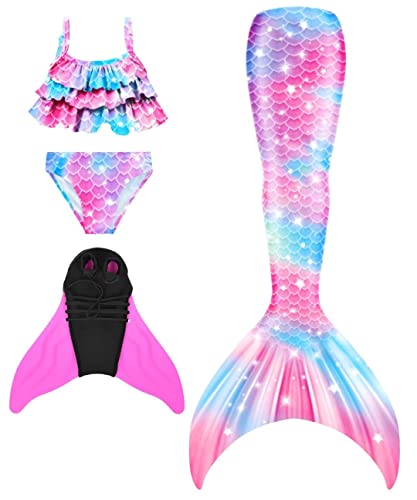 NAITOKE meerjungfrauenflosse mädchen Badeanzug - Meerjungfrau Flosse Bademode mit Bikini Set und Monoflosse Mermaid Tail, 4 Stück Set,HHDAB,140 von NAITOKE