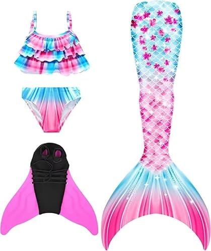 NAITOKE meerjungfrauenflosse mädchen Badeanzug - Meerjungfrau Flosse Bademode mit Bikini Set und Monoflosse Mermaid Tail, 4 Stück Set,HHDAJ,110 von NAITOKE