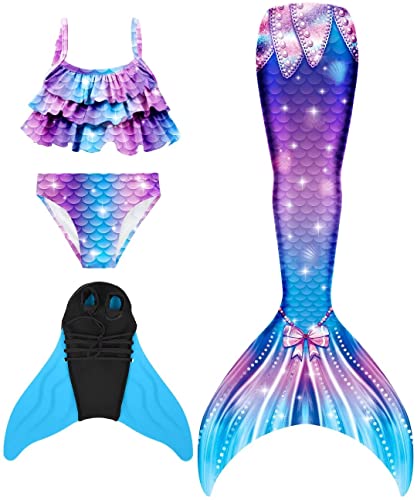 NAITOKE meerjungfrauenflosse mädchen Badeanzug - Meerjungfrau Flosse Bademode mit Bikini Set und Monoflosse Mermaid Tail, 4 Stück Set,HHDK,110 von NAITOKE