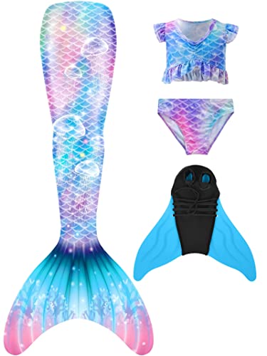 NAITOKE meerjungfrauenflosse mädchen Badeanzug - Meerjungfrau Flosse Bademode mit Bikini Set und Monoflosse Mermaid Tail, 4 Stück Set,IJNAK,150 von NAITOKE