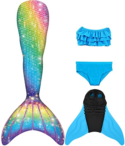 NAITOKE meerjungfrauenflosse mädchen Badeanzug - Meerjungfrau Flosse Bademode mit Bikini Set und Monoflosse Mermaid Tail, 4 Stück Set,IJNK,150 von NAITOKE