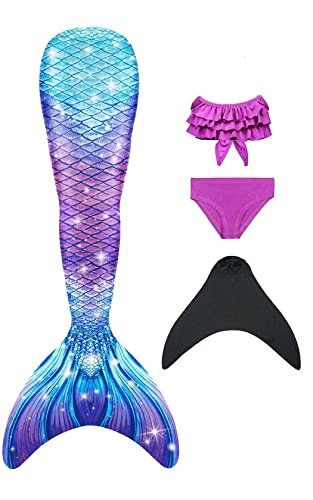 NAITOKE meerjungfrauenflosse mädchen Badeanzug - Meerjungfrau Flosse Bademode mit Bikini Set und Monoflosse Mermaid Tail, 4 Stück Set,IJNY,150 von NAITOKE