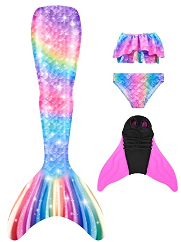 NAITOKE meerjungfrauenflosse mädchen Badeanzug - Meerjungfrau Flosse Bademode mit Bikini Set und Monoflosse Mermaid Tail, 4 Stück Set,IJNYD,120 von NAITOKE