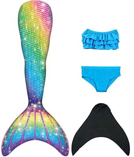 NAITOKE meerjungfrauenflosse mädchen Badeanzug - Meerjungfrau Flosse Bademode mit Bikini Set und Monoflosse Mermaid Tail, 4 Stück Set,POOAA,110 von NAITOKE