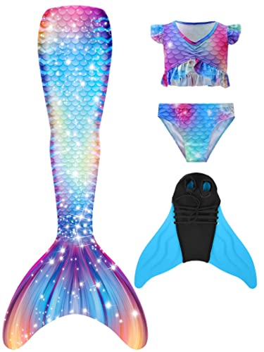 NAITOKE meerjungfrauenflosse mädchen Badeanzug - Meerjungfrau Flosse Bademode mit Bikini Set und Monoflosse Mermaid Tail, 4 Stück Set,POOAL,110 von NAITOKE