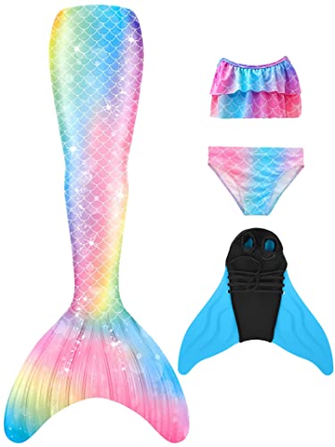 NAITOKE meerjungfrauenflosse mädchen Badeanzug - Meerjungfrau Flosse Bademode mit Bikini Set und Monoflosse Mermaid Tail, 4 Stück Set,POOJ,110 von NAITOKE