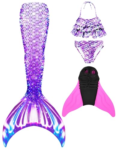 NAITOKE meerjungfrauenflosse mädchen Badeanzug - Meerjungfrau Flosse Bademode mit Bikini Set und Monoflosse Mermaid Tail, 4 Stück Set,QQQYD,130 von NAITOKE