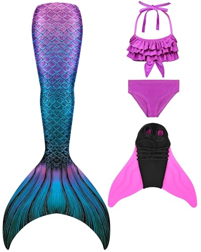 NAITOKE meerjungfrauenflosse mädchen Badeanzug - Meerjungfrau Flosse Bademode mit Bikini Set und Monoflosse Mermaid Tail, 4 Stück Set,XIaoYC,120 von NAITOKE