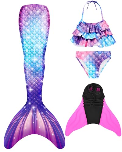 NAITOKE meerjungfrauenflosse mädchen Badeanzug - Meerjungfrau Flosse Bademode mit Bikini Set und Monoflosse Mermaid Tail, 4 Stück Set,XQhxP,140 von NAITOKE