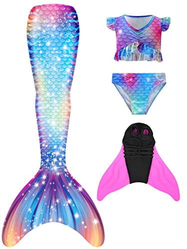 NAITOKE meerjungfrauenflosse mädchen Badeanzug - Meerjungfrau Flosse Bademode mit Bikini Set und Monoflosse Mermaid Tail, 4 Stück Set von NAITOKE