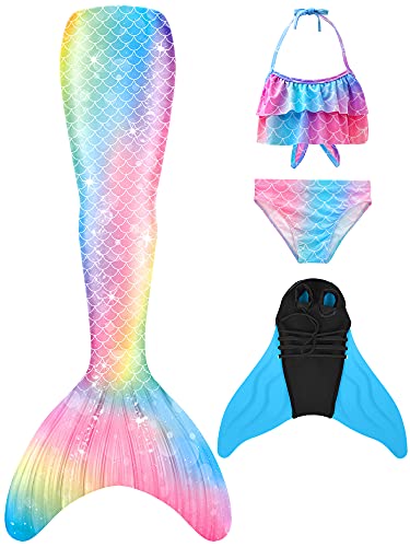 NAITOKE meerjungfrauenflosse mädchen Badeanzug - Meerjungfrau Flosse Bademode mit Bikini Set und Monoflosse Mermaid Tail, 4 Stück Set von NAITOKE