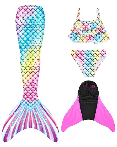 NAITOKE meerjungfrauenflosse mädchen Badeanzug - Meerjungfrau Flosse Bademode mit Bikini Set und Monoflosse Mermaid Tail, 4 Stück Set von NAITOKE